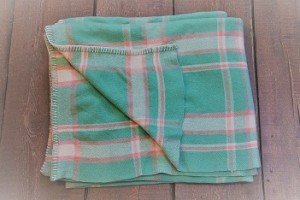 Peppermint Green & Rose Pink plaid Welsh  blanket . Vintage Mid Century CP69